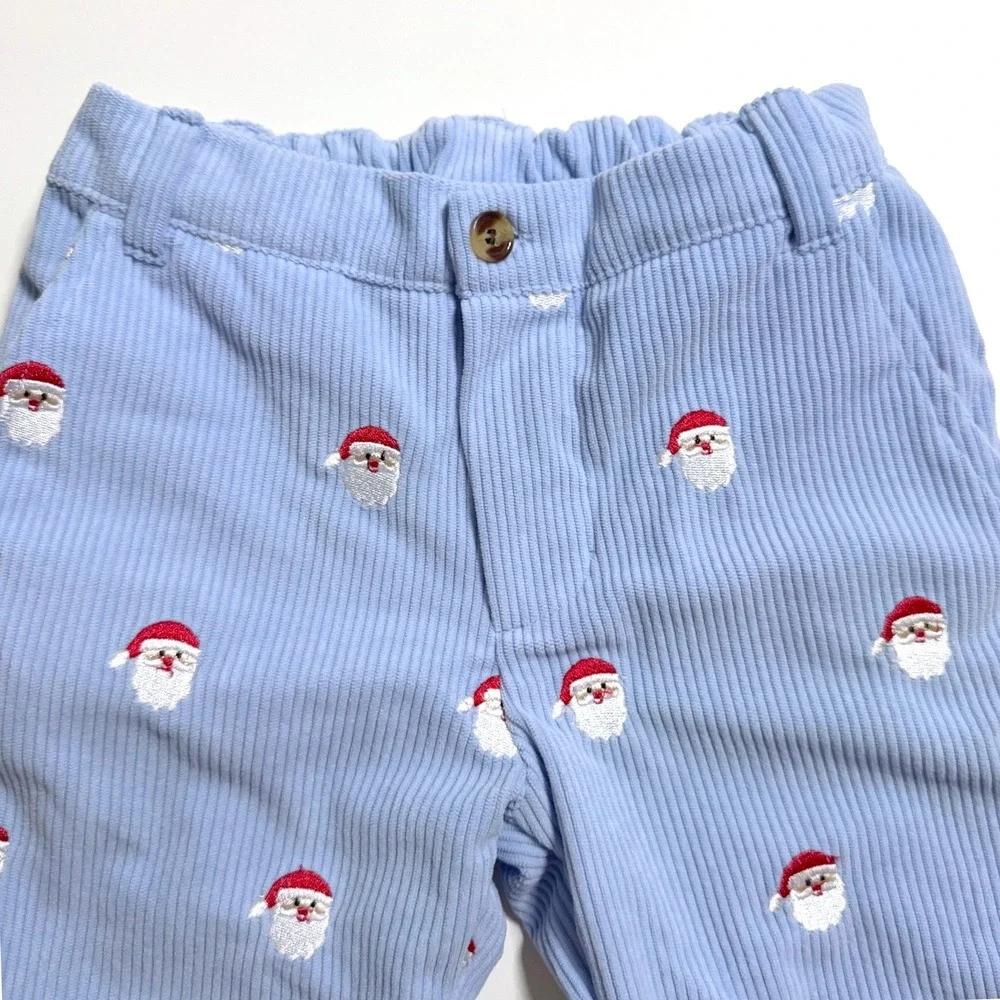 Smockingbird Corduroy Pants 6 Blue Embroidered Santa Christmas Holiday Trousers